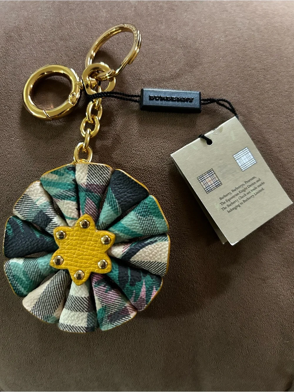 Burberry Multicolor Plaid Floral Leather Key & Card Holder with Yellow Accent